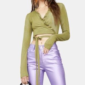 dELiA*s Green Long Sleeve Crop Top with Tie Front
